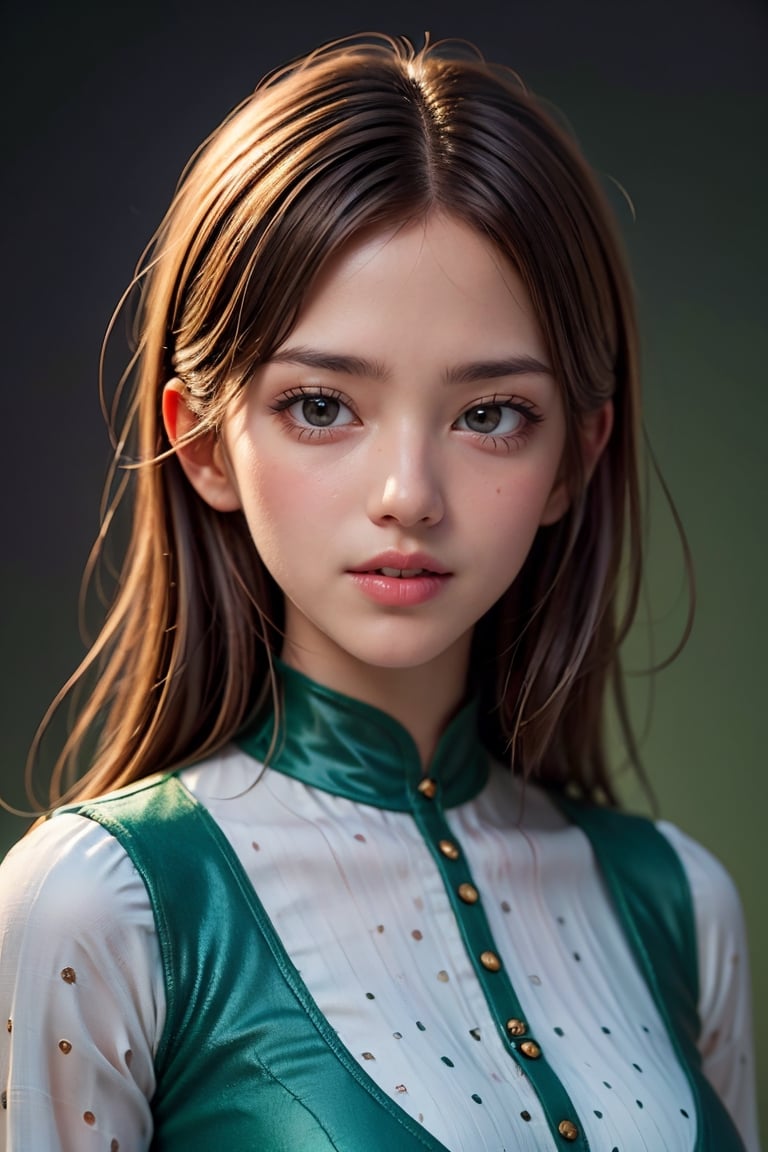 (masterpiece),(((20 year old))) ((best quality)), ((True Color)), Vintage Retro Photography, ultra-detailed, (Fashion Editorial), (illustration),  (dynamic angle), (Portrait),  (woman), ((detailed face)), (extra long hair), (Red and Green dress), beautiful detailed Green eyes, (mystical landscape), (good anatomy), Smile, 