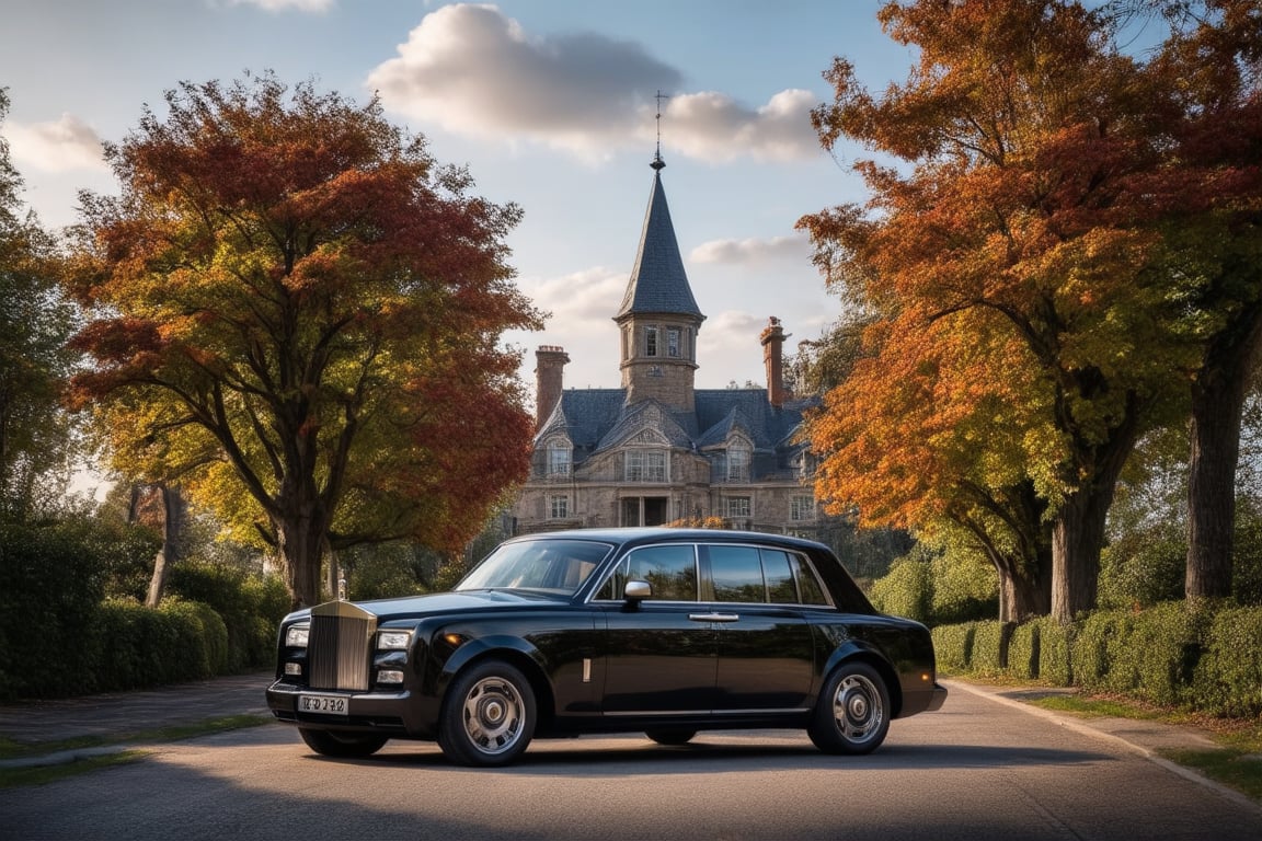 Blue sky beautiful clouds, A captivating illustration by @elmagnifico2 features a classic black 1920s Rolls-Royce elegantly parked on a tree-lined road. The vehicle's timeless design contrasts with the grand, almost fairytale-like Victorian mansion in the background, which has a towering spire and prominent tower. The autumnal setting, with vibrant orange and brown leaves on the trees, adds warmth and richness to the scene. The overcast sky casts a moody atmosphere, enhancing the vintage charm and nostalgic allure of this idyllic tableau.,Perfect Architecture