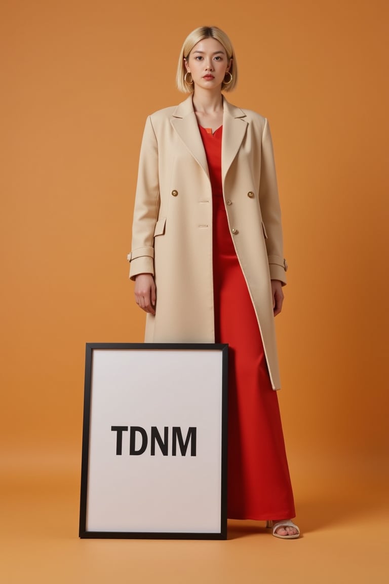 A confident model stands poised in front of a warm-toned backdrop, the beige coat and red skirt contrasting against the neutral hues. Her blonde hair is sleekly styled in a bob, framing her face alongside oversized hoop earrings. The mobilization LED screen, however, lies on the framed sign TDNM  placed at her feet, drawing attention to its bold message amidst the otherwise understated composition.