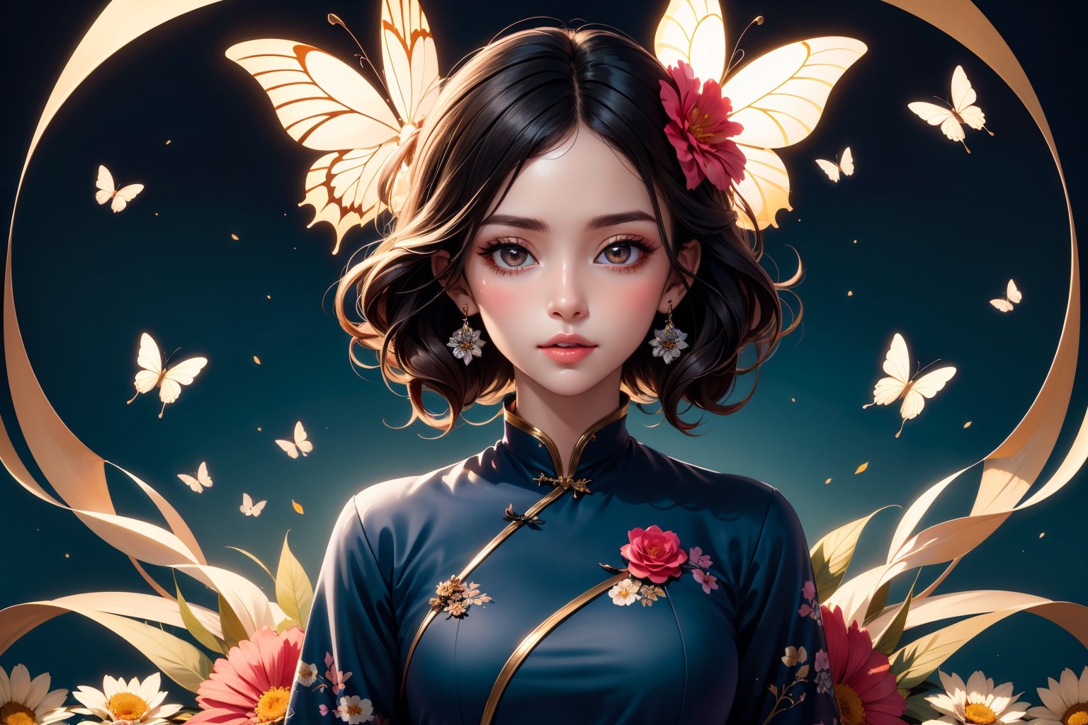 (masterpiece:1.1),(highest quality:1.1),(HDR:1),ambient light,ultra-high quality,( ultra detailed original illustration),(1girl, upper body),((aodai fashion)),((flowers with human eyes, flower eyes)),double exposure,fusion of fluid abstract art,glitch,(original illustration composition),(fusion of limited color, maximalism artstyle, geometric artstyle, butterflies, junk art),more detail XL,Perfect skin,Replay1988,xxmix_girl,Young beauty spirit ,Enhance,Timeless beauty,Charm of beauty