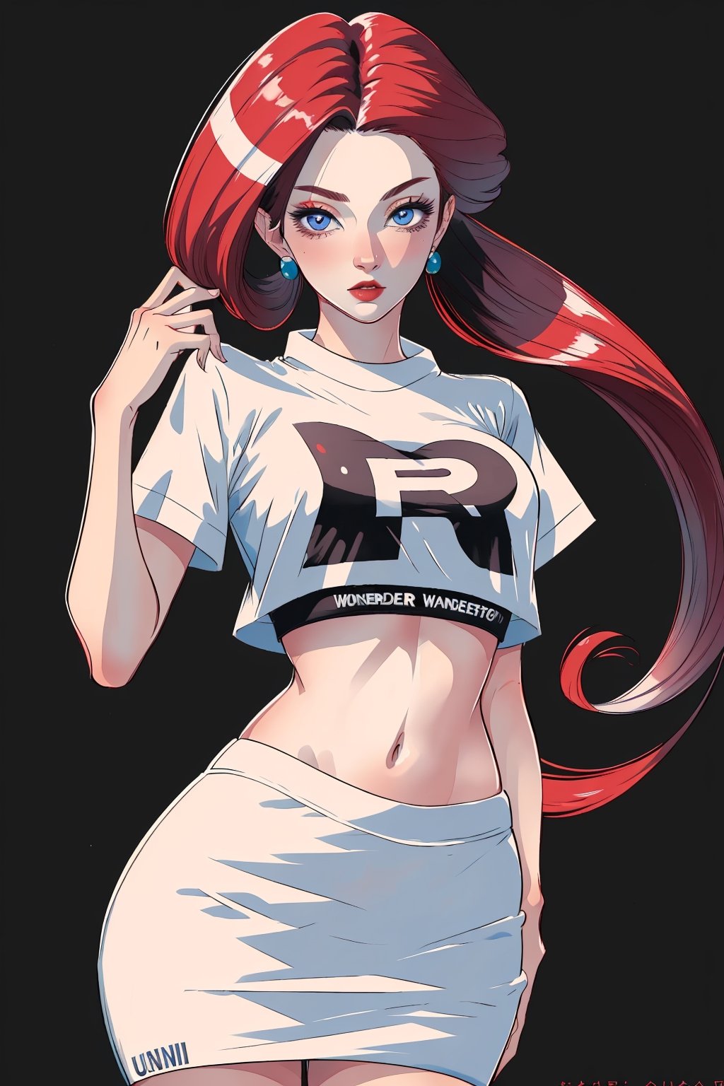 ((masterpiece, best quality)), jessie, pokemon,white top with red letter R, white skirt,sexy, slender body,detailed face,perfect eyes,detailed hands,hands up,Wonder of Art and Beauty,Enhance,wonder beauty
{Background is quite solid color},Ani_Uni