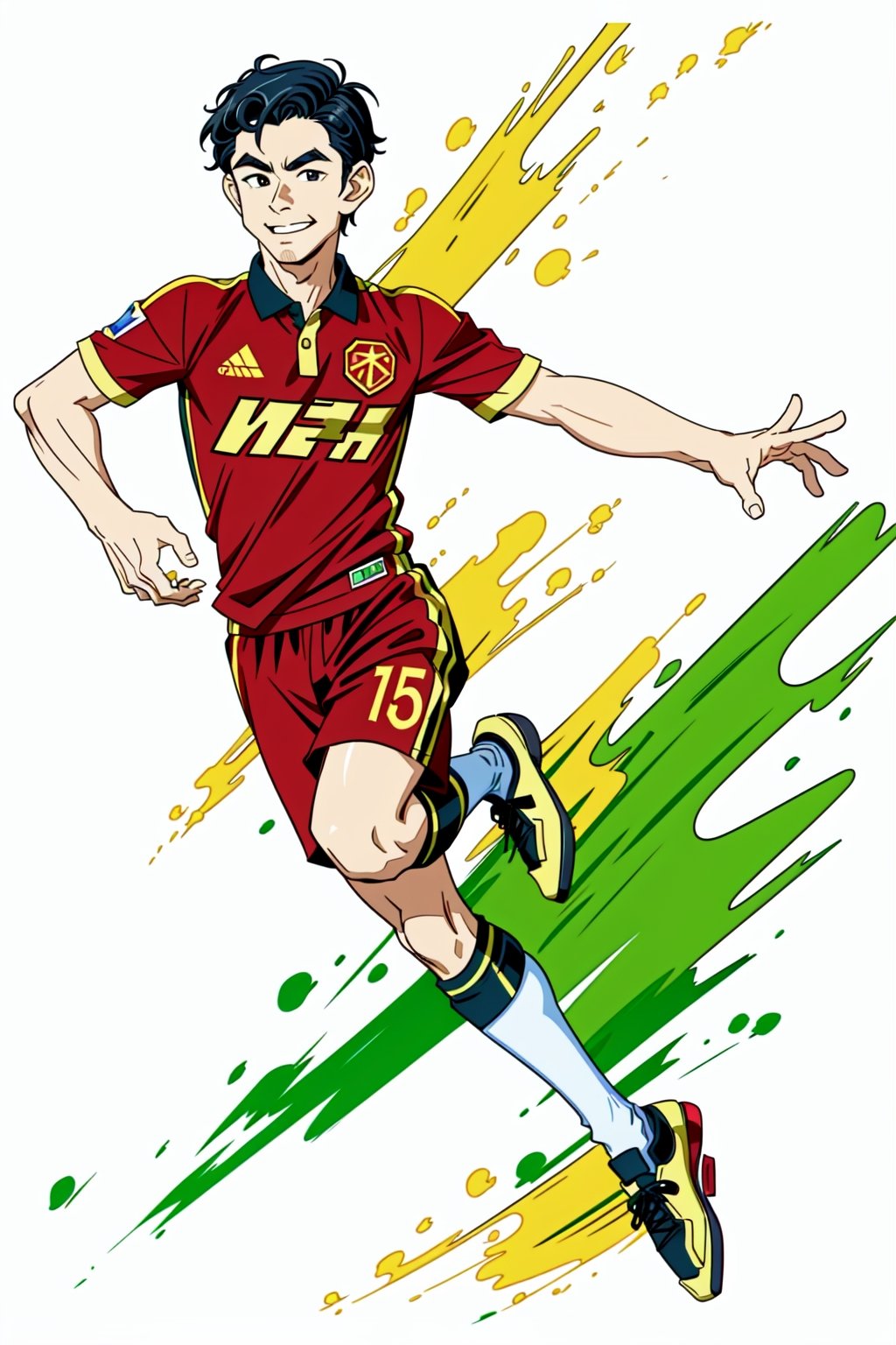 Masterpiece, best quality, 8k, caricature style, 1 Caricature figure of 1young Vietnamese soccer player, Vietnam national team uniform, Red and yellow abstract background