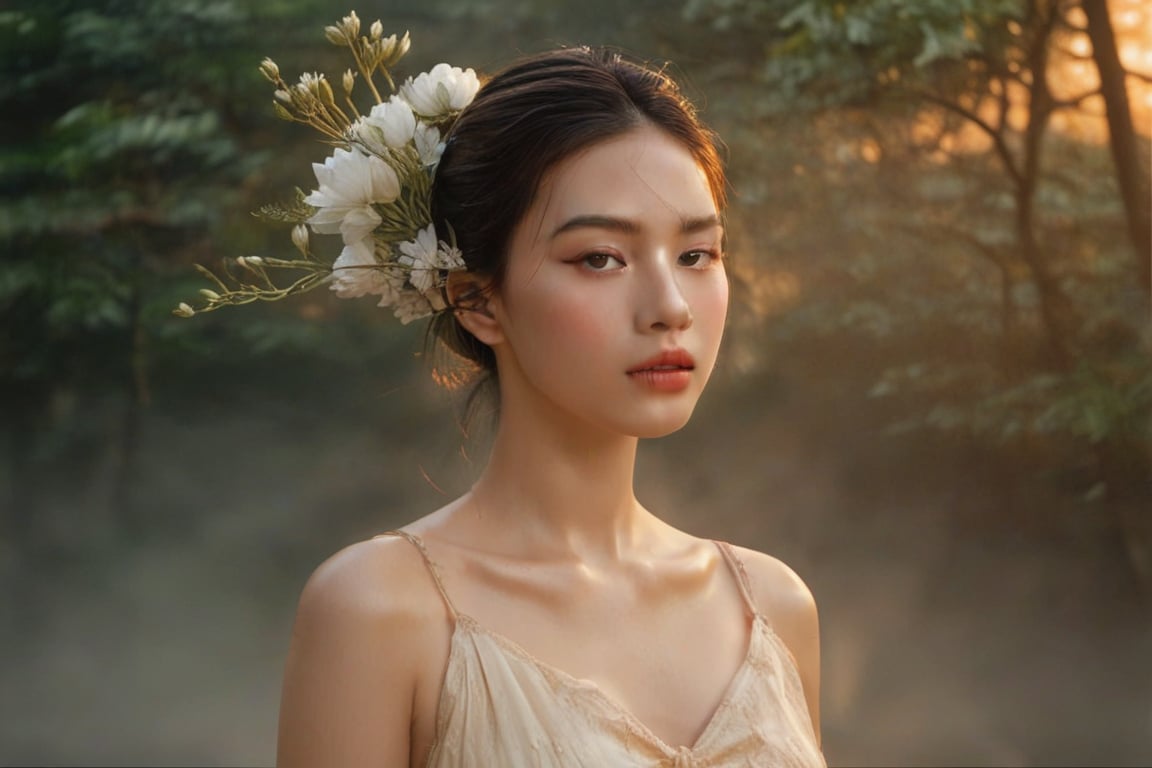 Truly Asian Beauty stands serenely amidst the mystical Indochinese forest, her porcelain skin glowing with a soft, ethereal light that weaves through the misty veil. Her delicate features are bathed in the warm, golden radiance, as if kissed by the gentle morning sun.,Indochina,Enhanced Realistic,Vietnam Beauty