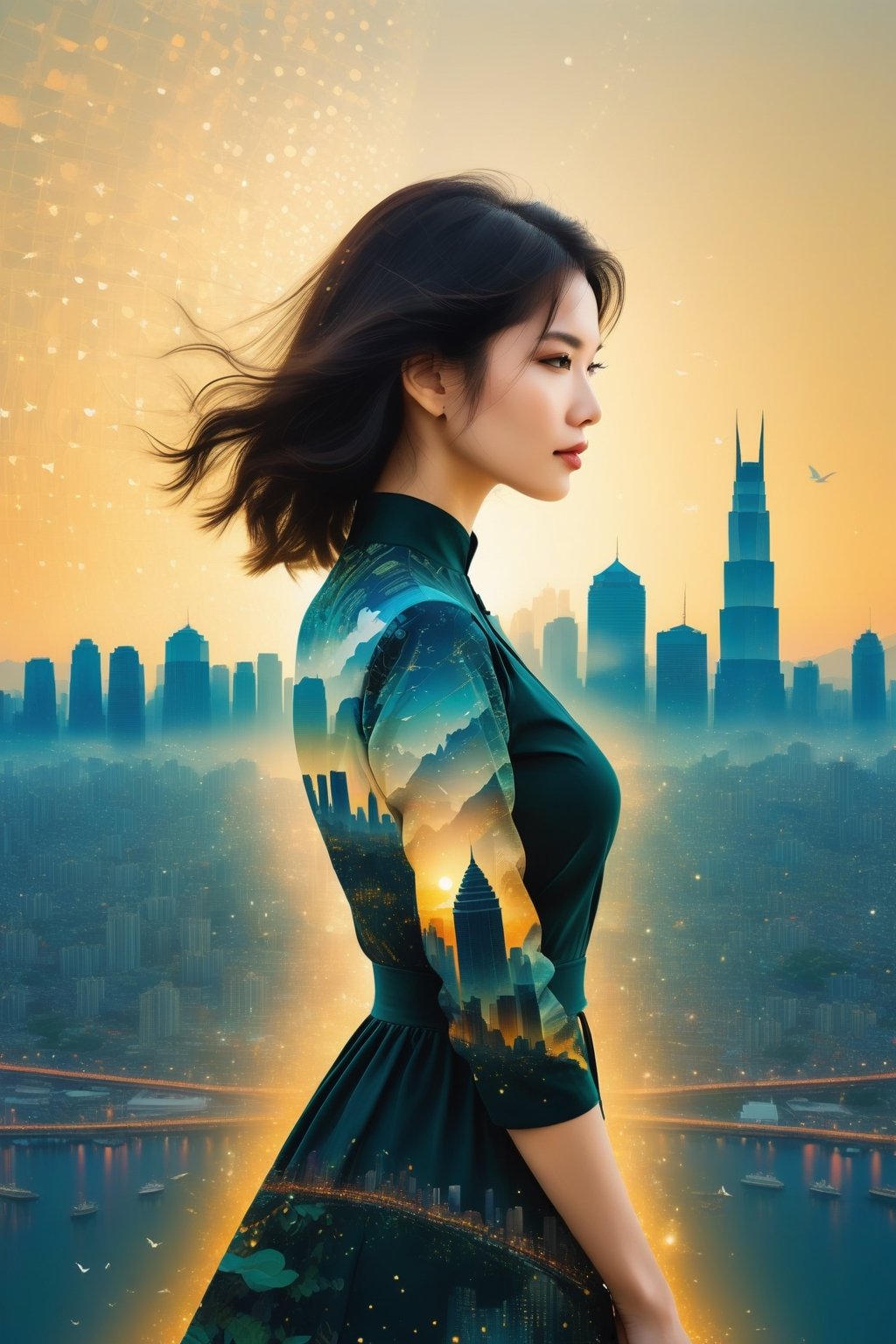 a photograph of a double exposure of a young white skin Vietnamese woman standing in front of a city skyline, her silhouette filled with the intricate details of sigital illustrations. The social media symbols matched her dress, transforming her into a powerful technology goddess with the concrete jungle at her command.,Replay1988,Melody,Perfect skin