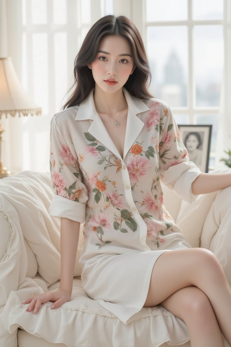 A serene woman sits elegantly on a plush white sofa, her dark hair flowing like silk over her shoulders. She wears a flowery shirt with a crisp white collar and delicate necklace. Her left hand rests on her hip, grounding her posture. The sofa's ruffles add tactile interest to the composition. Against the stark white backdrop, vertical blinds conceal the window, while a lamp shade and black-and-white photograph create visual intrigue beside her.