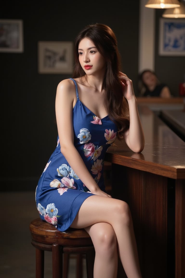 A young Asian woman sits at a dimly lit bar, her long brown hair spilling over her shoulders like a waterfall. Wearing a sleeveless blue dress adorned with floral patterns, she applies bold red lipstick, drawing attention to her striking features. Perched on a worn brown stool, her left hand rests on the counter, subtly grounding her pose. The blurred backdrop hints at a bustling bar scene beyond her, while the subdued lighting creates a vibrant contrast, making her pop against the muted environment.