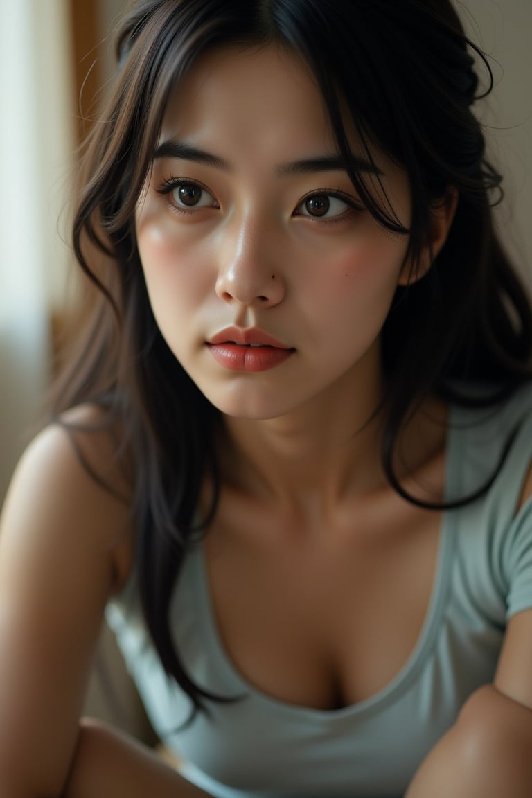 A close-up shot captures the determined gaze of a high school-aged Asian woman, her eyes locked intensely on some unseen point. Her dark hair falls in loose waves around her face, with a few stray strands framing her features. A soft, warm light illuminates her skin, highlighting the subtle contours and freckles scattered across her nose. She sits comfortably, one hand resting lightly on her knee as she leans forward slightly, exuding confidence and focus.