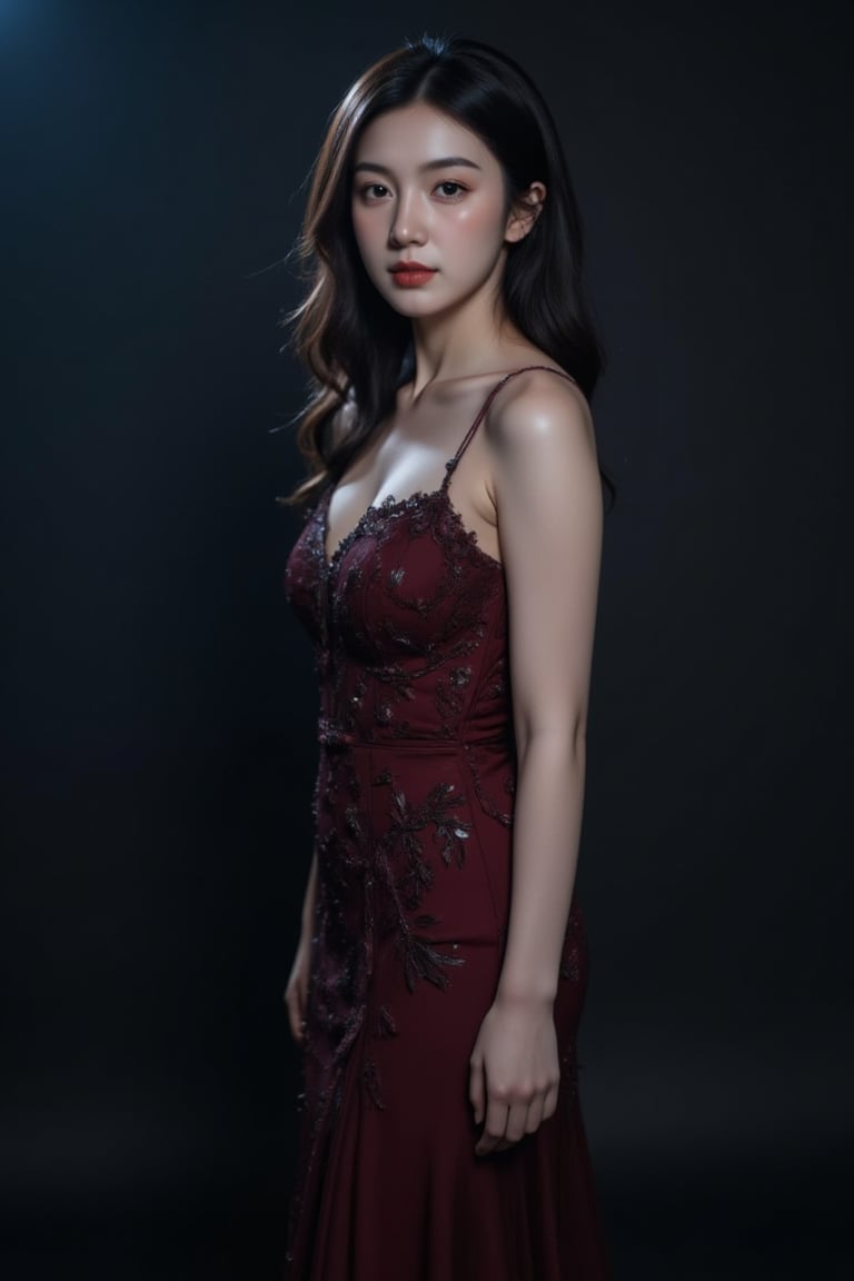 A 25-year-old Asian woman with porcelain-like skin and shoulder-length raven-black hair stands confidently in a dimly lit studio, illuminated by a combination of softbox lights and a sidelight. The volumetric lighting casts a subtle gradient of shadows across her features, accentuating the sharp angles of her cheekbones and the curves of her lips. Her full lips curve into a gentle, enigmatic smile, and her bright, expressive brown eyes seem to hold a secret. She wears a fitted, high-fashion evening gown made of intricate, hand-beaded silk, its surface reflecting the soft light and adding depth to the image.

**Supporting Characters:** Joining Astrid on her journey are a cast of complex and intriguing characters, including:

* Julian Saint Clair, a brooding and handsome model with a dark past
* Lena Grant, Astrid's fiery and supportive best friend and confidante
* Victor LaGrange, a ruthless and cunning fashion mogul with a hidden agenda

**Branding Type:** "Eclipse" - a sleek and modern film brand that exudes sophistication, mystery, and high-stakes drama.

**Tagline:** "In the shadows, beauty lies in wait."

**Visual Style:** The visual style of "Fading Light, Eternal Shadow" is dark, moody, and intensely cinematic. Think "Blade Runner" meets "The Devil Wears Prada" with a dash of "La Vie en Rose" thrown in for good measure. The color palette is predominantly dark and muted, with flashes of bright color to highlight the beauty and drama of the fashion world. Think bold, striking images that leap off the screen and grab the viewer by the throat.