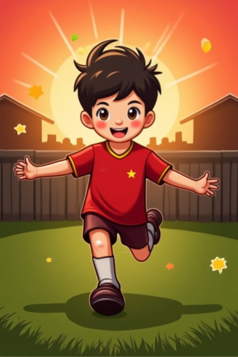 A young Vietnamese football enthusiast, with messy black hair and bright brown eyes, stands proudly in his backyard field, ball at feet, as the sun sets behind him, casting a warm orange glow. He's surrounded by posters of his idols on the walls, inspiring his dreams to join Vietnam National Team. As he grows up, his skills improve, and he becomes a superstar in the Vietnamese football scene.,anime