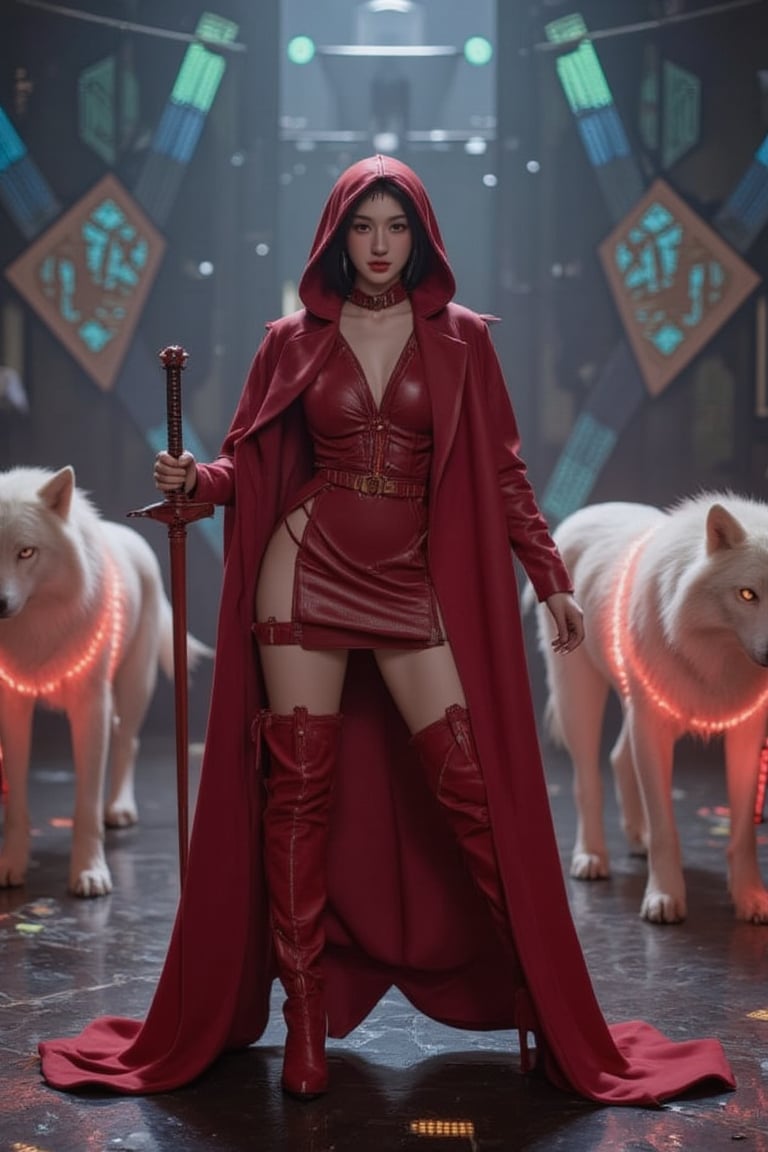 A sexy, futuristic rendition of Little Red Riding Hood standing in a high-tech battle arena, her outfit a sleek combination of red leather and glowing circuitry. She holds a laser sword, surrounded by holographic wolves that move in sync with her. The setting is a dark, digital coliseum with shifting geometric patterns and glowing grids on the floor. Ultra high resolution