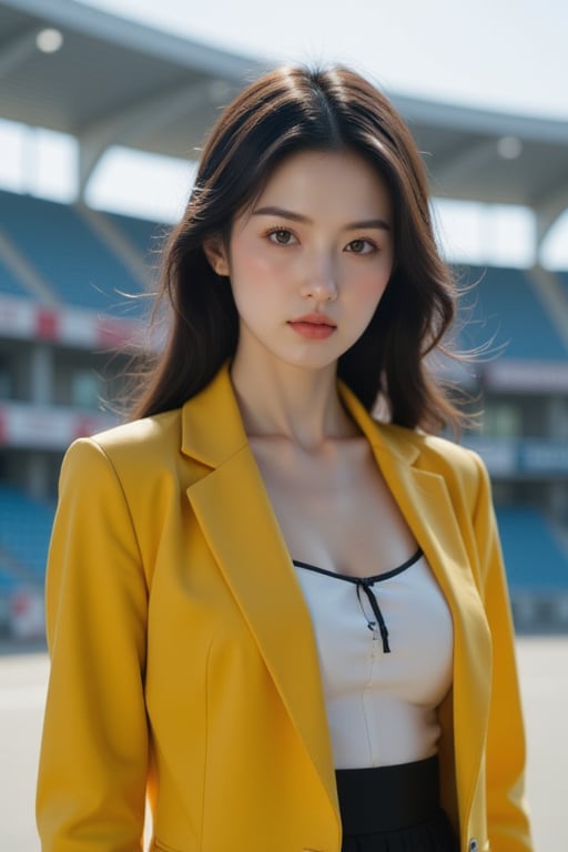 In a vivid 8K UHD composition, a stunning cosplay Alice from Wonderland stands confidently in an stadium setting. She wears a sleek yellow sport thin jacket over a white and black top, her photorealistic eyes locking onto the viewer's gaze. The daylight highlights the intricate details of her clothes as she poses in front of a gritty urban backdrop inspired by Greg Rutkowski's style. Her facial features very friendly with a sunny smile. The image is so detailed that it appears almost three-dimensional, inviting the viewer to step into the scene.