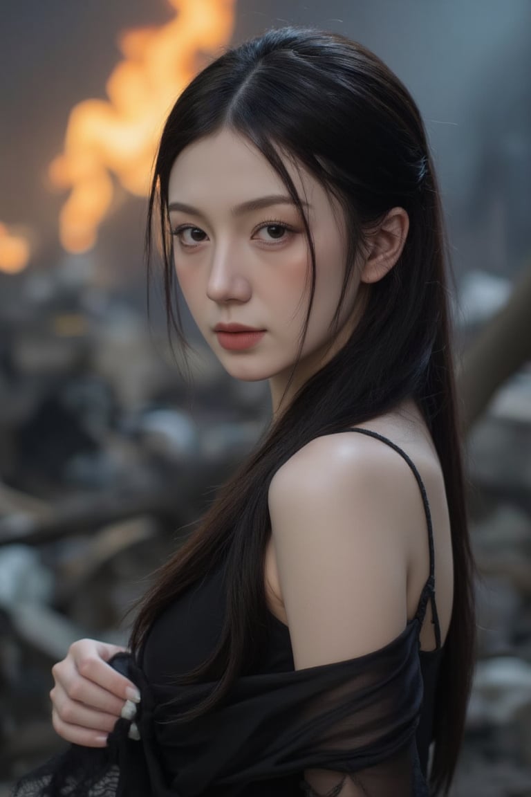 Mei, a fiery spirit, stands tall amidst the smoldering ruins, her porcelain skin illuminated by the soft glow of a distant streetlamp. Her raven-black hair frames her determined gaze, deep brown eyes betraying exhaustion as she surveys the devastation. A delicate handkerchief, lace-trimmed and worn, clutches in her palm, a poignant reminder of personal loss amidst the chaos. The 35mm film captures her rugged features, shallow depth of field blurring the smoky cityscape behind her. Warm light and subtle grain evoke nostalgia, as Mei's story unfolds like a classic film noir.