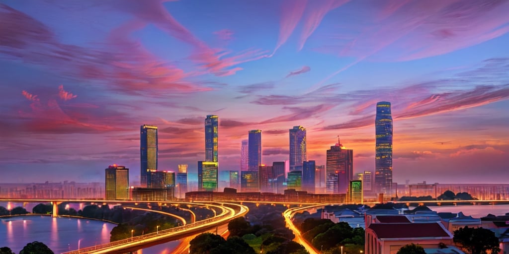 (art by wlop and greg rutkowski and artgerm, trending on artstation), Hanoi city, viewed from above, dazzles with a mesmerizing tapestry of towering skyscrapers, glistening with city lights. Busy streets, wind through the urban landscape, Traffic flows like a circulatory system, connecting neighborhoods, and bridges span across shimmering rivers, carrying the pulse of a bustling metropolis. The city's skyline, a testament to human innovation, blends the architectural with the natural, creating a stunning mosaic of the contemporary world., 