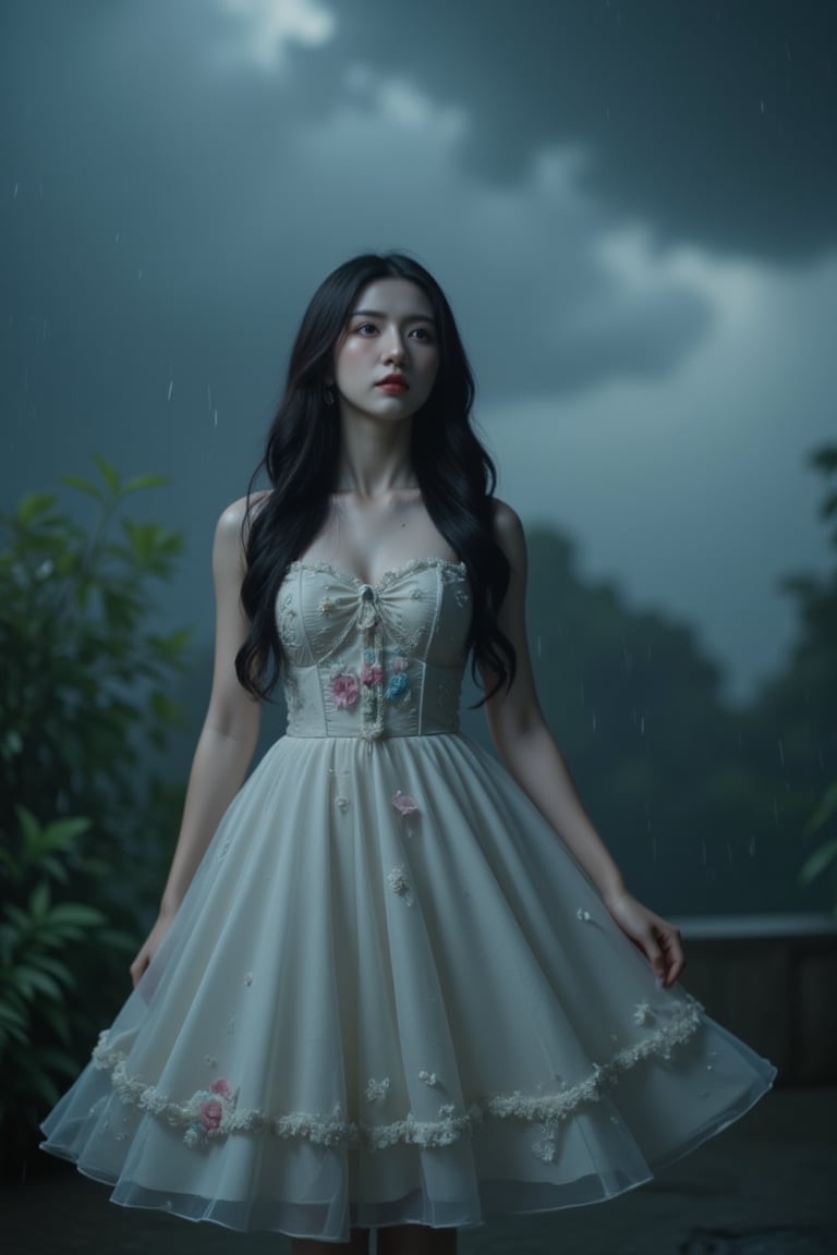 Against a moody, rain-soaked backdrop, a Gothic Lolita figure stands out amidst the grayness. She wears a flowing white dress, adorned with intricate lace and vibrant colors that seem to defy the somber atmosphere. Her gaze is cast upward, lost in thought as raindrops glisten on her porcelain skin. The morbid beauty's melancholy expression is reflected in the dark, swirling clouds above, as if the heavens themselves are mirroring her sorrow.