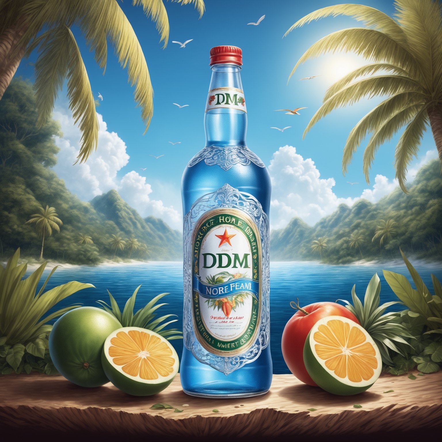 Hyper realism, no humans,beverage products, transparent bottles, one glass bottle, The cold steam that floats in the air creates a cool feeling, position in the middle ,english text and the product text is "TDNM" ,tropical background,text focus