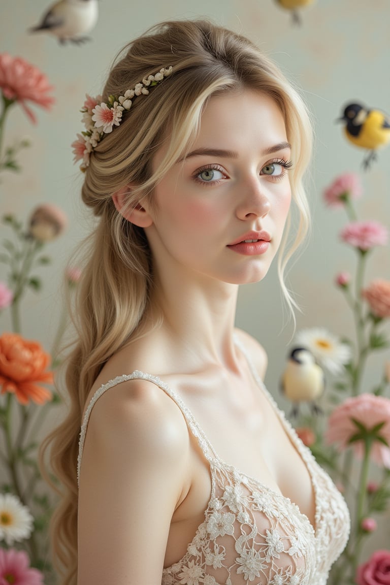 A serene young beauty, her long blonde locks cascading down her back, radiates elegance in a lace gown that hugs her slender frame. Softly lit, her pale skin glows amidst a whimsical backdrop of birds and blooming flowers, their intricate details adding to the visual feast. Delicate lace patterns dance across her dress, as she strikes a gentle pose, exuding innocence and charm.,Enhanced all,luxury style