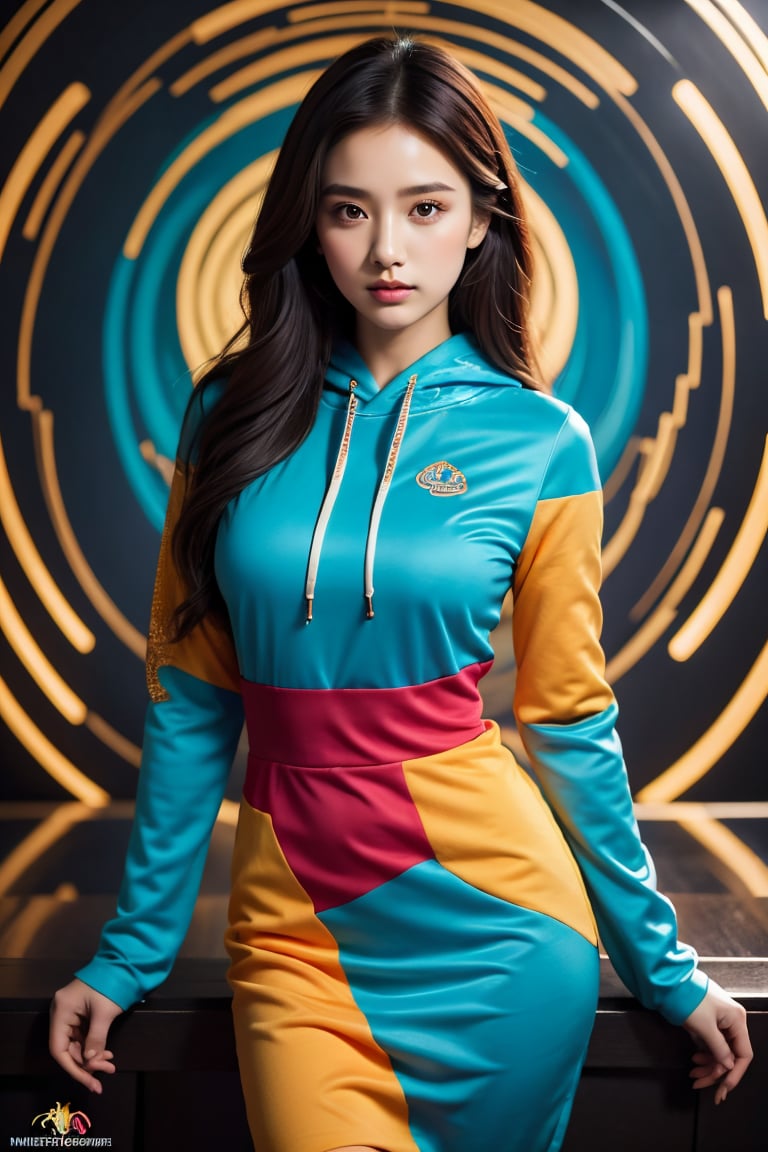 A stunning portrait of a young woman dressed in a vibrant, multicolored hoodie with swirling patterns of blue, orange, and teal. Her long, flowing hair cascades down her shoulders, complementing the intricate design of her outfit. The background mirrors the psychedelic patterns of her attire, creating a seamless, mesmerizing effect. The woman's expression is calm and confident, her gaze directed towards the viewer. The overall scene exudes a sense of bold, artistic flair and modern fashion.,Add Art more,Enhance