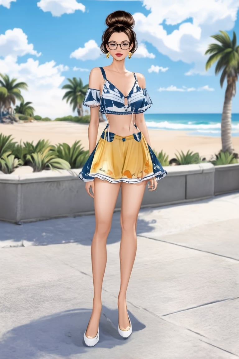 The image depicts a woman standing on a sidewalk in an urban setting. She is dressed in summer holiday outfit, combine colors perrfect.  She is accessorizing with a pair of glasses . Her hair is styled bun. In the background, there's a beach landscape. Realistic Enhance,digital art,Cartoon.