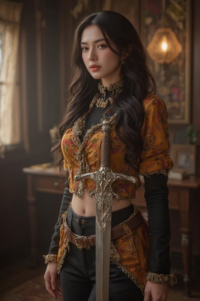 In a dimly lit, Victorian-era inspired setting, a stunning Steampunk lady stands tall. Her majestic dreadlocks cascade down her back in a kaleidoscope of colors, blending seamlessly with the intricate details of her steampunk attire. A gleaming silver sword adorns her waist, its ornate design reflecting off her photorealistic features. The 8K resolution and Unreal Engine precision bring every hyperrealistic detail to life, as if this breathtaking scene is a living, breathing entity.