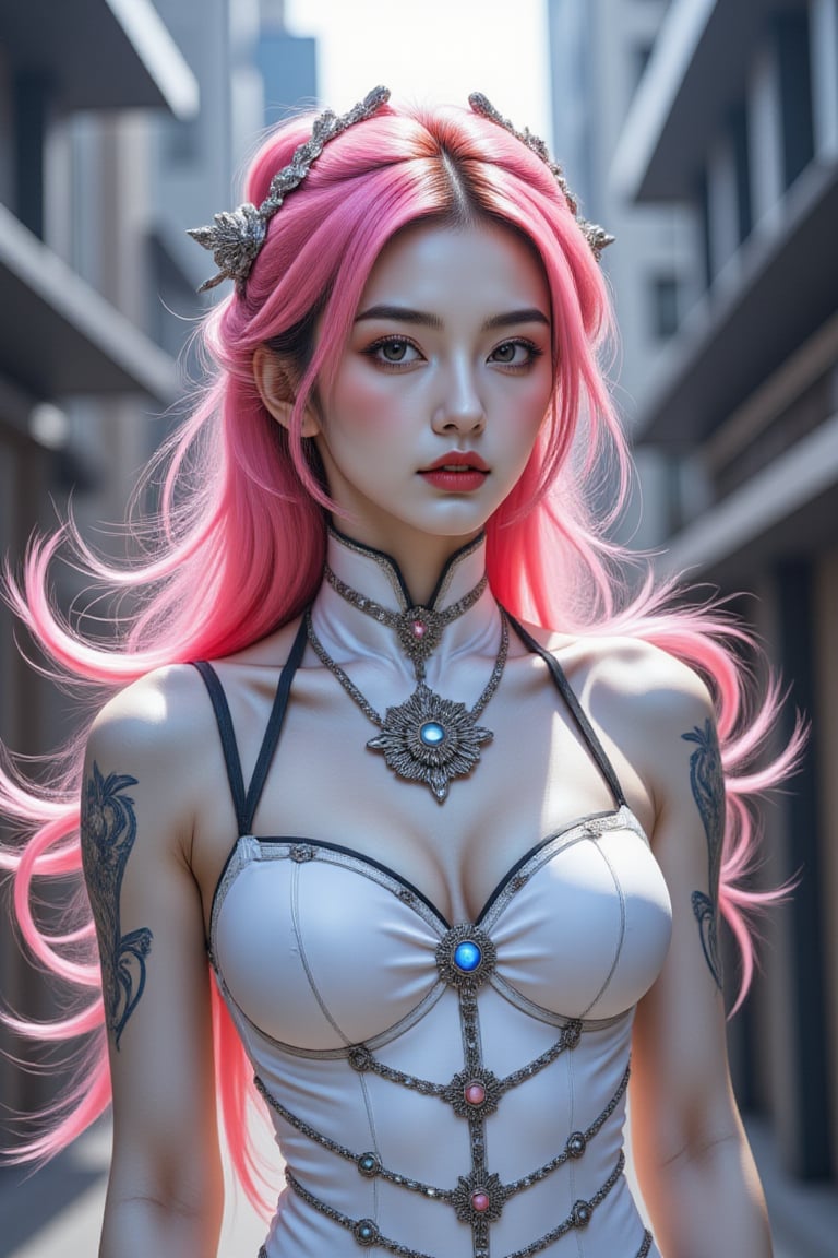 A futuristic beauty emerges from the darkened cyberpunk cityscape, porcelain-white skin glistening in a centered isometric illustration. Pink hair flows like neon smoke around her half-body form, robotic steampunk designs adorning her limbs like vintage tattoos. A luxury logo on her chest shines with metallic filigree and glowing blue accents, as if she's a high-fashion icon plucked from the city's neon-lit streets.