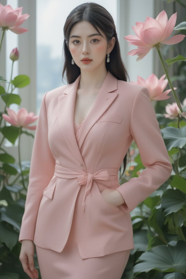 A statuesque figure stands tall amidst a serene backdrop of pink lotuses, bathed in soft, cool-toned light that highlights vibrant hues and tactile textures. The subject confidently poses with sharp lines and defined curves, its high-definition skin texture seemingly within reach, as the isometric composition guides the viewer's gaze to trendy fashion elements harmoniously aligned, frozen in a moment of artful stillness.