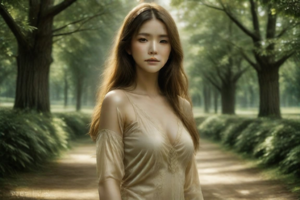 Truly Asian Beauty stands serenely amidst the mystical Indochinese forest, her porcelain skin glowing with a soft, ethereal light that weaves through the misty veil. Her delicate features are bathed in the warm, golden radiance, as if kissed by the gentle morning sun.,Indochina