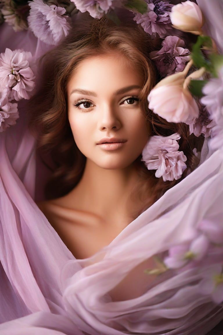 The image is a portrait of a woman who appears to be styled for a beauty shoot. TA beautiful and very nice face off character's attire and the presence of flowers suggest a theme that could be associated with spring or romance. The soft focus on the background puts the emphasis on the woman, highlighting her features and the fabric she is wearing. The color palette is composed of soft pinks and purples, which contribute to the overall gentle and serene mood of the image. There is no text present in the image to provide additional context.,Elite beauty,Realistic Enhance