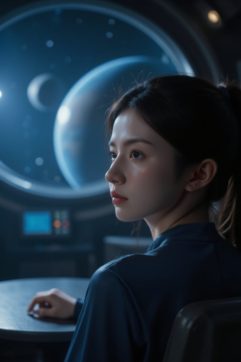 Close-up shot of a young girl's face, her eyes fixed intently on the vast expanse of stars and planets outside the giant glass dome of a spacecraft. Her dark hair is tied back in a ponytail, and her skin has a warm glow from the soft blue lighting within the ship. The atmosphere inside is dimly lit, with only subtle hints of instrument panels and control stations visible behind her. Her gaze is lost in thought, as if contemplating the mysteries of the universe.