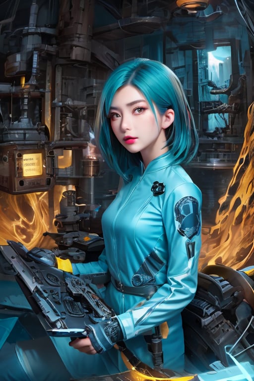 vibrant colors, female, masterpiece, sharp focus, best quality, depth of field, cinematic lighting, ((solo, one woman )), (illustration, 8k CG, extremely detailed), masterpiece, ultra-detailed, Kingdom of Mechanisms

Hair Length: Short and shaggy
Hair Color: Bright Cyan
Eye color: Neon yellow
Clothes: Engineer suit with metal parts, night vision goggles.

This figure stood in the Clockwork Realm, with short, bright cyan hair that seemed to glow with electrical energy. Neon yellow eyes scrutinized the complex mechanisms and machines that populated the kingdom. He wore an engineer's suit with metal parts and night vision goggles, immersed in his work of creating and maintaining the kingdom's machines.