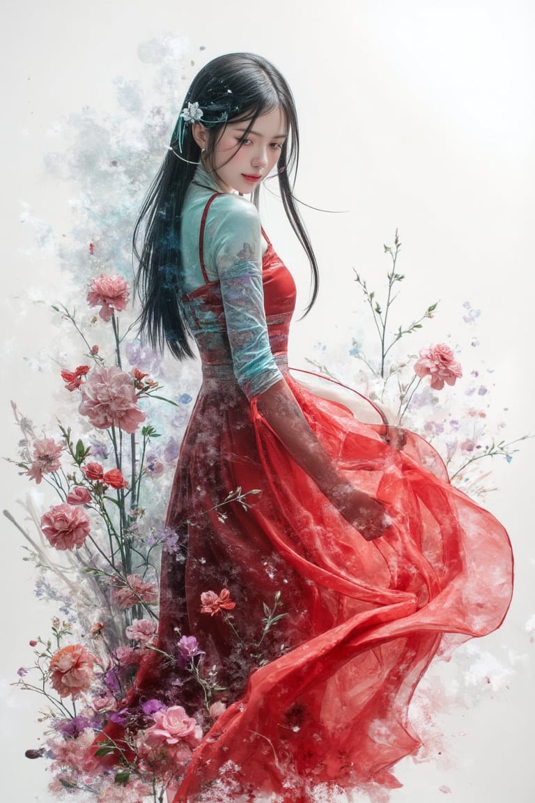 A mystical realm unfolds: a silhouette of a curious petite Asian girl with long black hair with delicate features stands out against a radiant white background. She is wearing a long red traditional dress with flowy ends. She swirls with her dress capturing her movement. She is looking down and smiling. Flowers burst in the scene that mixes with the mystical landscape. A fantastical landscape, reminiscent of Studio Ghibli's whimsy, lies in the distance. Mix of flowers, and bamboo fills the periphery of the frame. Vibrant hues of emerald and amethyst dance in the forefront, as if illuminated by an ethereal glow. The composition is framed by a subtle double exposure effect, creating an enchanting atmosphere of depth and dimensionality. There are splatter of paint in various colours around the frame, enhancing the abstract nature of the painting. Auguste Renoir ~ Paul Peel ~ John Singer Sargent ~ Alexandre-Jacques Chantron ~ John William Godward ~ John William Waterhouse ~ Han-Wu Shen ~ Ishitaka Amano ~ Chakrapan Posayakrit ~ Kim Jung Gi ~ Kei Mieno ~ Ikushima Hiroshi ~ WLOP ~ William-Adolphe Bouguereau ~ Alphonse Mucha ~Luis Royo ~ Range Murata ~ Jock Sturges photography ~ David Hamillton photography ~ Rustic Sketchbook Style, Sketch Book, Hand Drawn, Dark, Gritty, Realistic Sketch, Rough Sketch, Mix of Bold Dark Lines and Loose Lines, Bold Lines, On Paper, Turnaround Character Sheet, Natural Light, Dynamic, Highly Detailed, Watercolor Painting, Watercolor Paper, Artstation, Concept Art, Smooth and Crisp, Sharp Focus, Illustration, Goth girl,sparkles