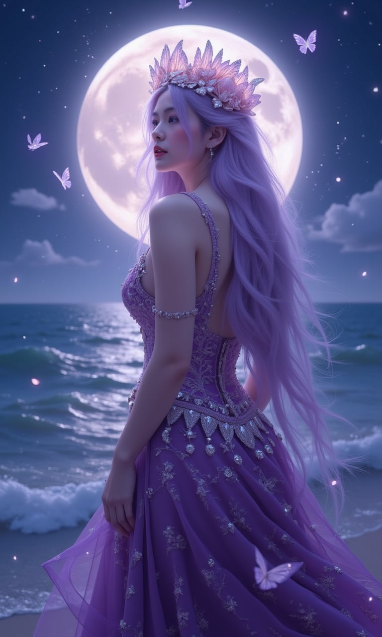 Here's a potential digital illustration based on your description:  -Title:- 'Moonlit Enchantress'  -Image:-  The illustration features a fantastical, ethereal woman standing against a backdrop of a large, glowing moon and a shimmering, starry night sea. Her hair flows like a river of purple, with intricate, delicate strands that seem to come alive in the moonlight.  She wears a stunning, ornate gown that's been meticulously designed to showcase her beauty and elegance. The gown is a deep, rich purple color, with intricate flower patterns and sparkling jewels that catch the light. Her headpiece is a masterpiece of complexity, with delicate, curved petals and glittering gemstones that seem to shimmer and shine.  Around her, a halo of light and butterflies creates a magical aura, as if she's conjuring up the very essence of the moon and sea. The moon above casts a soft, gentle glow over the scene, illuminating the waves and creating a sense of peace and tranquility.  -Color Palette:-  - Deep, rich purple for the hair and gown - Soft, shimmering blue for the moon and sea - Delicate, pale pink for the flowers and gemstones - Gold and silver for the jewelry and accents  -Style:-  The illustration is done in a highly detailed, realistic style, with a focus on capturing the beauty and elegance of the subject. The character is rendered in a lifelike way, with intricate textures and patterns that add depth and dimension to the image.  -Mood:-  The mood of the illustration is one of enchantment and mystery, capturing the essence of a magical, otherworldly moment. The subject's serene, ethereal expression and the dreamlike quality of the scene create a sense of wonder and awe, as if the viewer has stumbled upon a hidden, mystical world. 