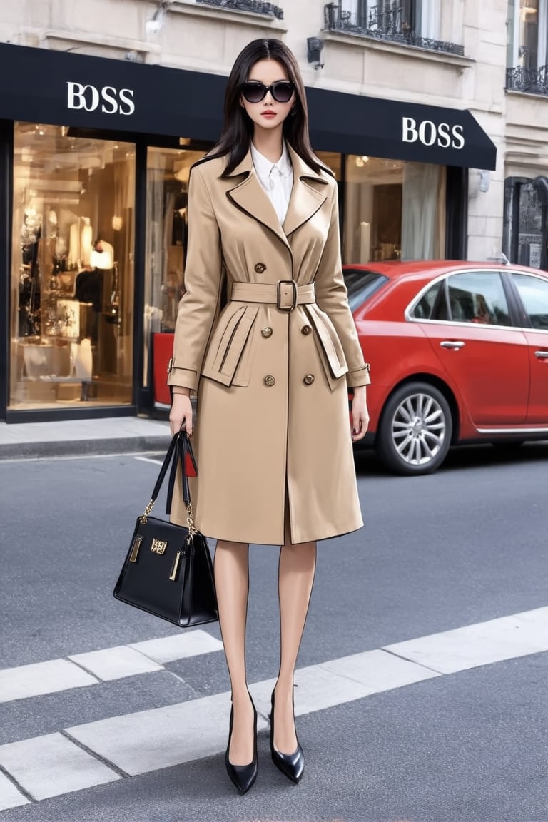 The image depicts a woman standing on a sidewalk in an urban setting. She is dressed in a beige trench coat with a belted waist and a matching skirt, both featuring a similar color and material. The coat has distinctive features such as a double-breasted design and a large lapel. She is accessorizing with a pair of black sunglasses and a black handbag that she carries over her shoulder. Her hair is styled straight and falls past her shoulders. In the background, there's a storefront with the word "BOSS" visible, suggesting a high-end fashion brand. A red car parked on the street adds to the city ambiance.,Realistic Enhance,digital art,Cartoon. She is holding a Hermes' Kelly bag