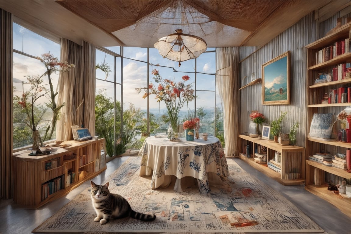 (simple background), a masterpiece of ultra-high quality, the bedroom features floor-to-ceiling crystal glass windows overlooking a garden with a variety of noble flower species, bathed in warm beige tones. The shelves in the room are filled with various and valuable ancient books, high-end painting supplies and canvases. The canvases have been painted. My boyfriend (he is a super beauty star in Korea) looked at the paintings and felt very good. While a noble cat sits at the table, surrounded by books and sketches, adding to the cozy atmosphere. In the background, you can see that all the decorations are very luxurious and the space is too large. There is a sports room and a painting room. There are five bedrooms and two bathrooms. All furniture prices start at one million RMB.
The exotic garden outside adds depth to the scene. The film's most outstanding cinematography. It is a masterpiece. light and shadow.