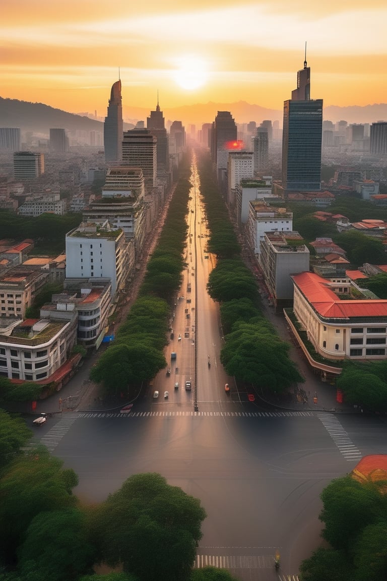 Aerial shot of Hanoi at sunset, capturing the city's vibrant colors and energetic pulse. The camera pans down to reveal the bustling streets, a tapestry of red roofs and green trees. Warm lighting casts a golden glow on the architecture, highlighting the country's economic growth and prosperity. A majestic flagpole stands tall, surrounded by lush greenery, symbolizing national pride.