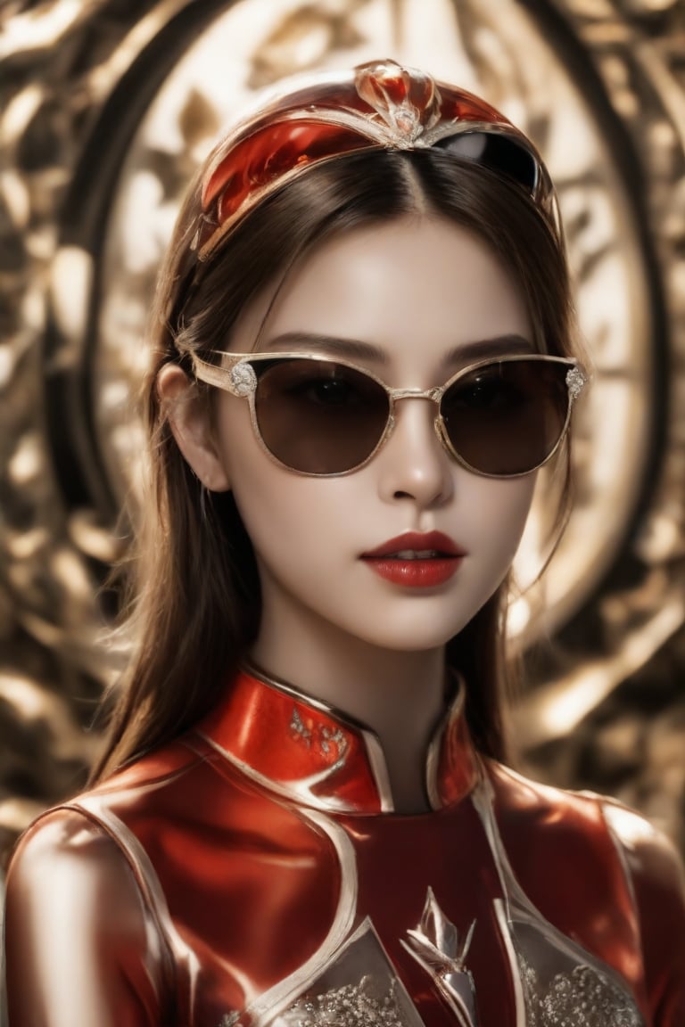 The image depicts a portrait of a person with stylized features.A German girl in dark Orange and red and light silver,her eyes wearin a futuristic sun glasses algorithmic artistry, high resolution. The background is blurred with hints of gold tones, which serve to highlight the subject without distracting from the intricate details of the jewelry and makeup.,1girl,Supreme