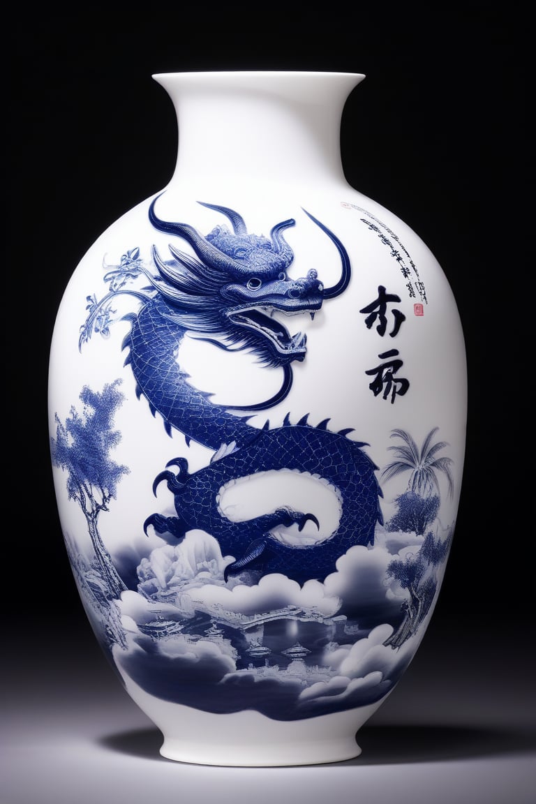 Create an image of a white Chinese vase with a Theo blue ink drawing of a Chinese dragon and a calligraphy inscription. The vase is set against a velvet black background, illuminated by a soft box light effect, highlighting the intricate details and the vibrant blue ink. The composition focuses on the vase, with the dragon and calligraphy prominently displayed, capturing the elegance and cultural significance of the piece.,Unique Masterpiece,Enhanced Realistic,Truly Asian Beauty