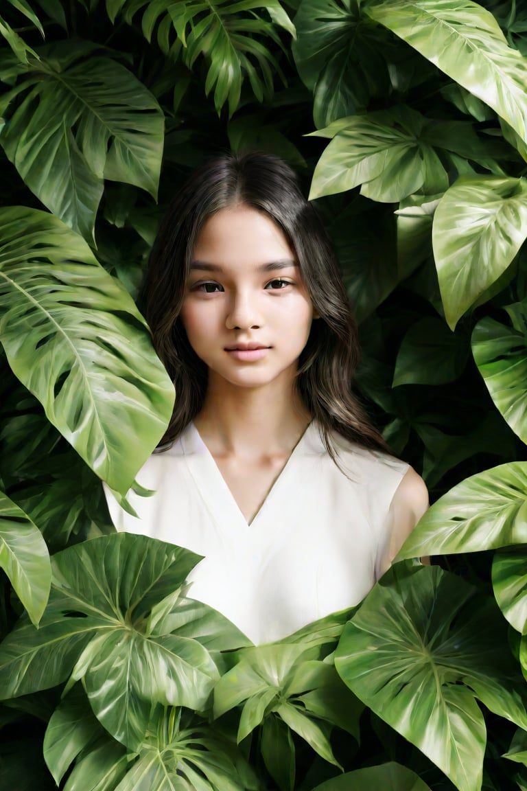 In the image, a young woman is the central figure, surrounded by lush green foliage that suggests a natural, possibly tropical environment. Her attire is minimalistic, with a white garment that adds to the serene and untouched aesthetic of the photograph. The woman's gaze is directed towards the camera, and her expression is one of calm and composure. The leaves encircling her create a frame around her face, emphasizing her presence while also drawing attention to the rich textures and colors of the surrounding vegetation. The overall impression is one of harmony between the subject and her environment, captured in a moment of quiet beauty.,1girl