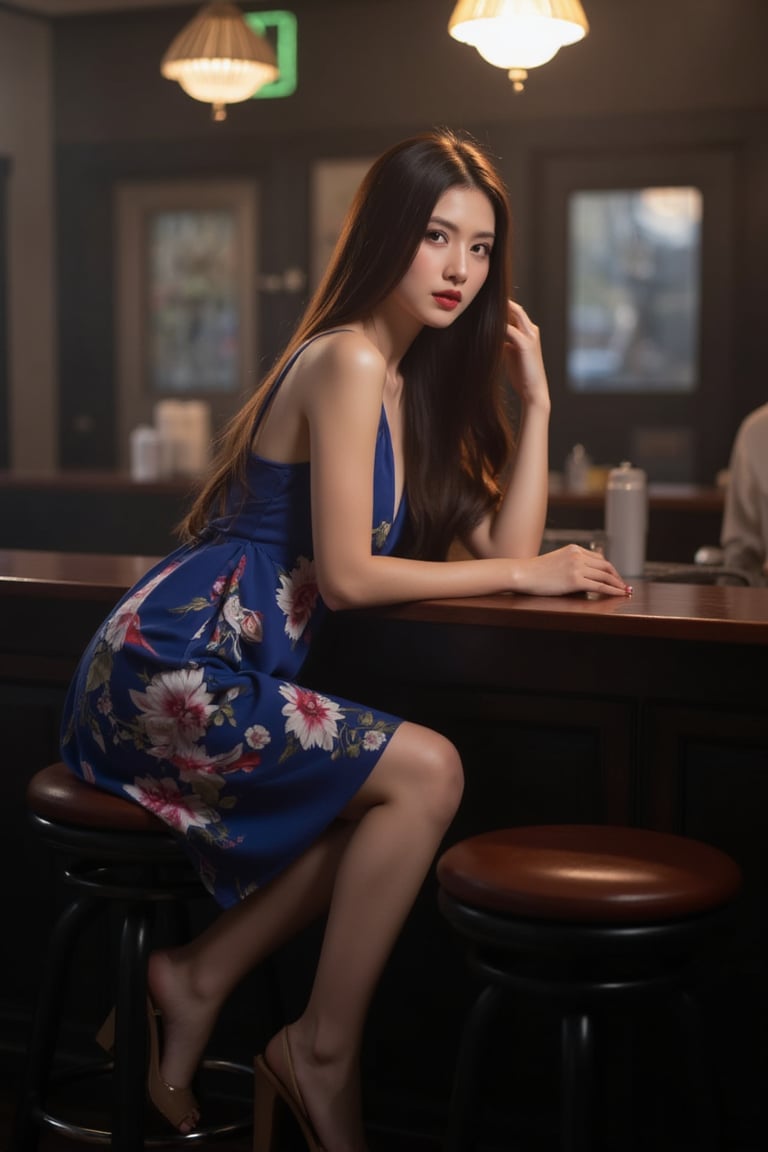 A young Asian woman sits at a dimly lit bar, her long brown hair spilling over her shoulders like a waterfall. Wearing a sleeveless blue dress adorned with floral patterns, she applies bold red lipstick, drawing attention to her striking features. Perched on a worn brown stool, her left hand rests on the counter, subtly grounding her pose. The blurred backdrop hints at a bustling bar scene beyond her, while the subdued lighting creates a vibrant contrast, making her pop against the muted environment.