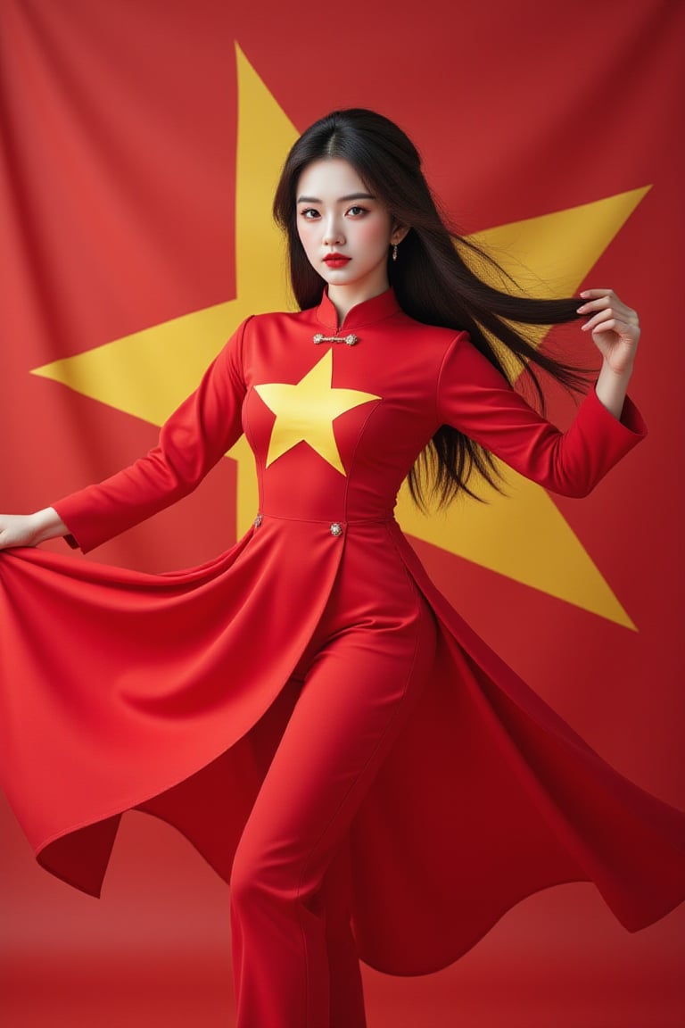 A beautiful 19 years old woman, Vietnamese, independence day, long hair, red ao dai with a big yellow star on the chest, dancing ballet, background is Vietnam flag, photorealistic details,wonder beauty,Digital art