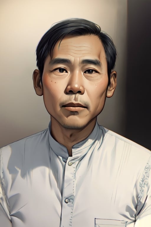 Sketch portrait of a Vietnamese man, circa 1980. . His smooth face, free from whiskers (râu ria), is illuminated by soft, warm lighting that accentuates his gentle features.