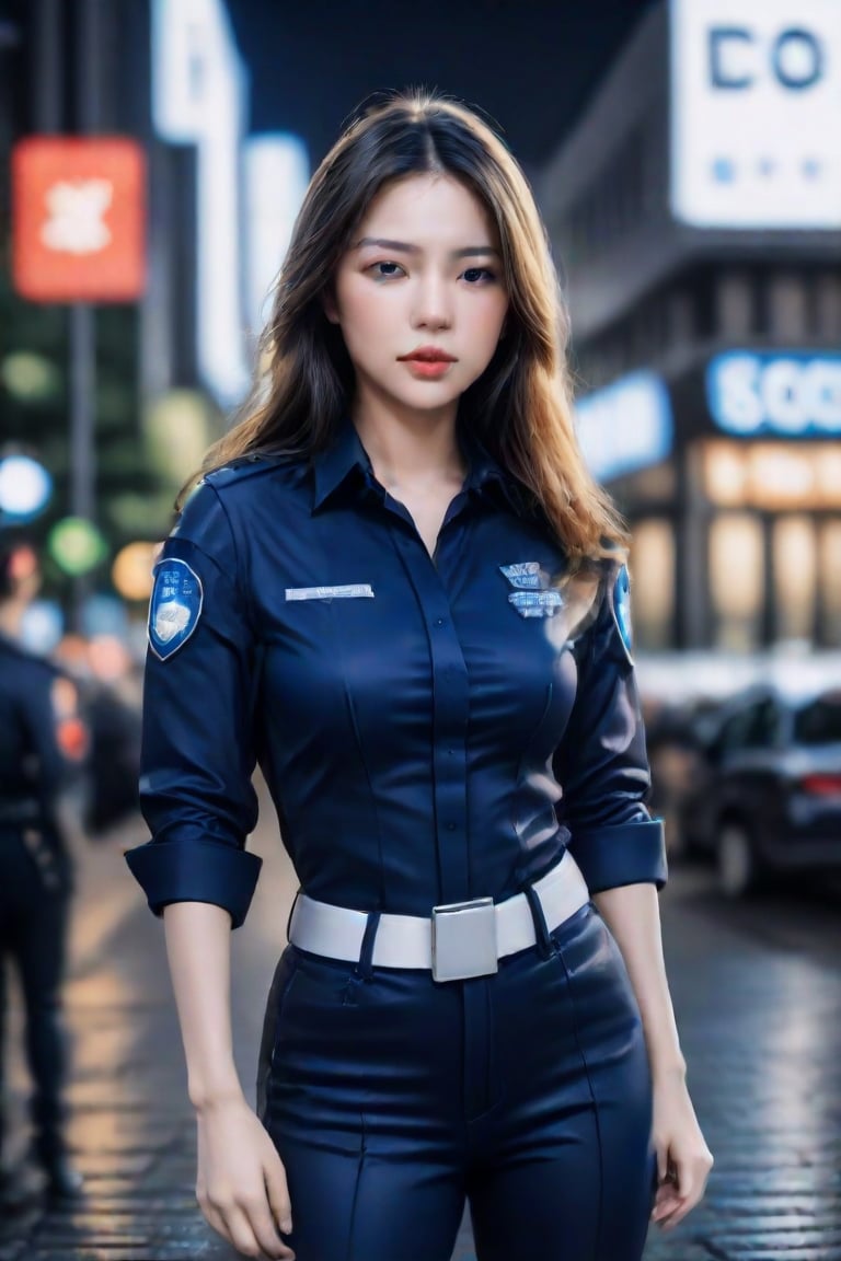 The task is asking for an annotation of the image, which involves describing the visible elements and features without interpretation or embellishment. The woman in the image has a confident posture and her attire suggests she may be portraying a character with authority or a law enforcement role. The badge on her sleeve indicates a connection to a police force or similar organization. The setting appears to be urban at night, providing a contrasting backdrop to her formal attire. The lighting accentuates her figure and the texture of her clothing. There is no additional context provided within the image itself to suggest a story or background.