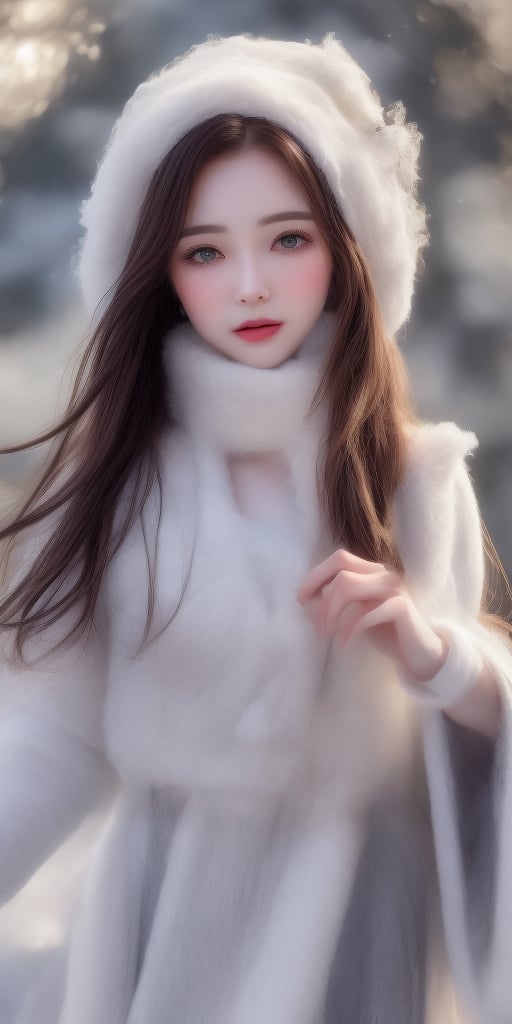 (best quality, masterpiece, ultra detailed, highres, RAW image),
a beautiful young woman in winter clothes playing in the snow, eye contact, with long flowing hair, Christmas, a cardinal-bird, winterscape, scenary, ❄️,  🎄,  🎁, 
From below, cinematic, ultrarealistic, hyperdetailed, bokeh, depth of field,Eurasian,Enhance