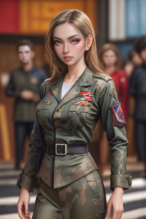 Beautiful woman wearing a army dress no bra, analog photograph, professional fashion photoshoot, hyperrealistic, masterpiece, trending on artstation,krrrsty