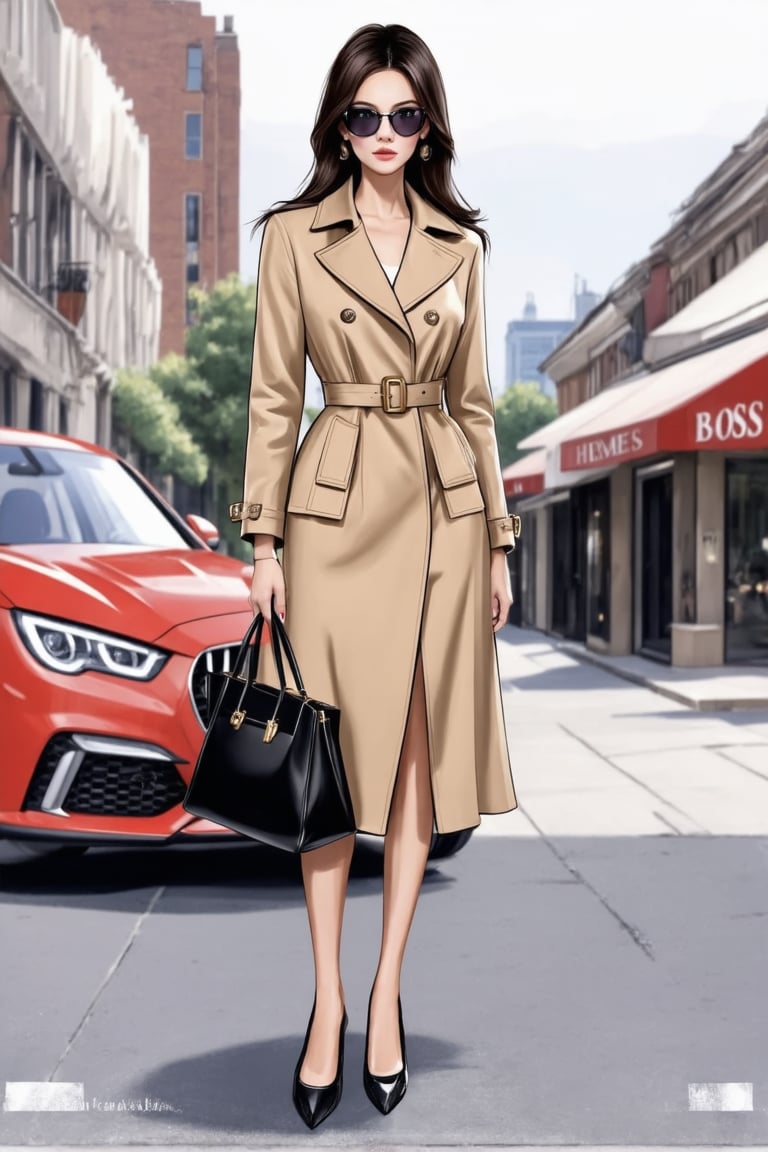 The image depicts a woman standing on a sidewalk in an urban setting. She is dressed in a beige trench coat with a belted waist and a matching skirt, both featuring a similar color and material. The coat has distinctive features such as a double-breasted design and a large lapel. She is accessorizing with a pair of black sunglasses and a black handbag that she carries over her shoulder. Her hair is styled straight and falls past her shoulders. In the background, there's a storefront with the word "BOSS" visible, suggesting a high-end fashion brand. A red car parked on the street adds to the city ambiance.,Realistic Enhance,digital art,Cartoon. She is holding a Hermes' Kelly bag