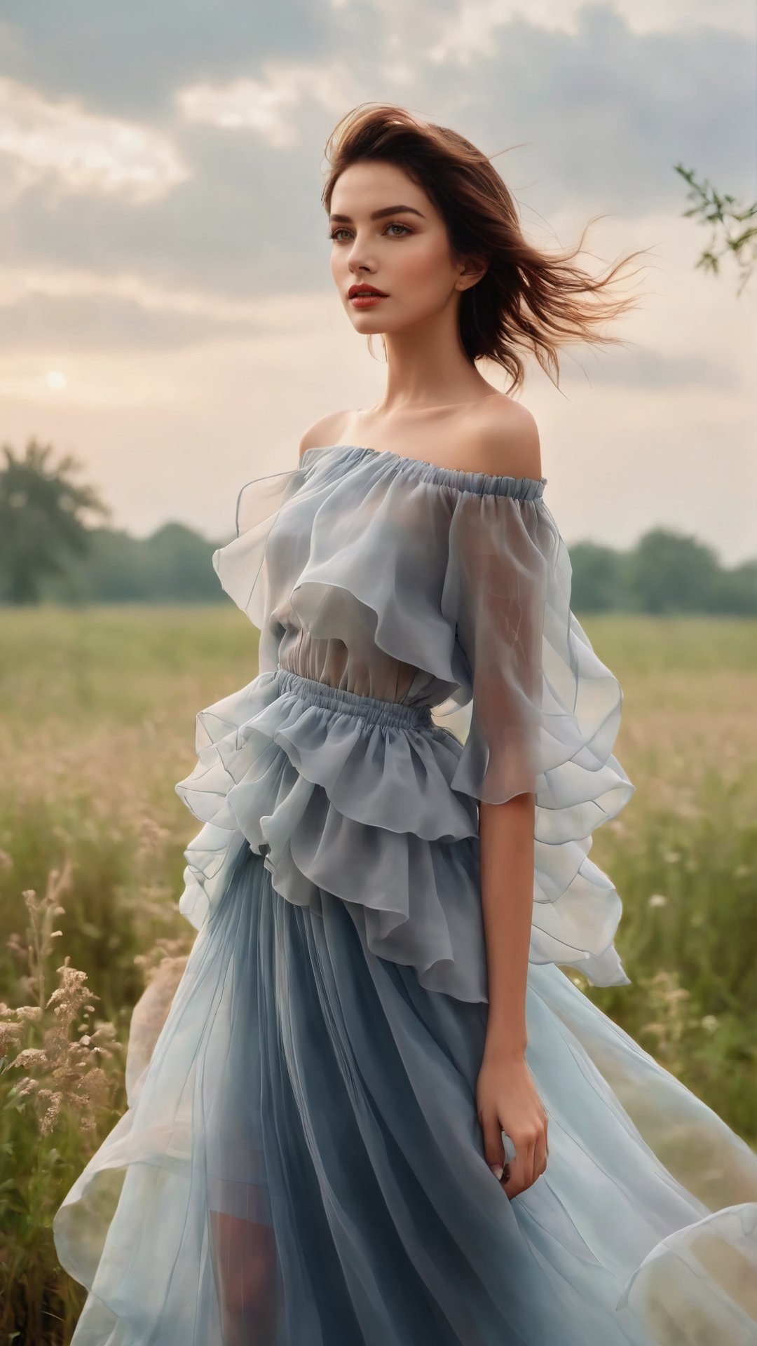 Inspired by photography from Vogue magazine, On a cloudy day, a woman is wearing a romantic transparent gauze, like clouds, a colorful long skirt, the woman's face is looming, the atmosphere is like smoke and a dream, it is indescribably beautiful.,Retouch all bugs