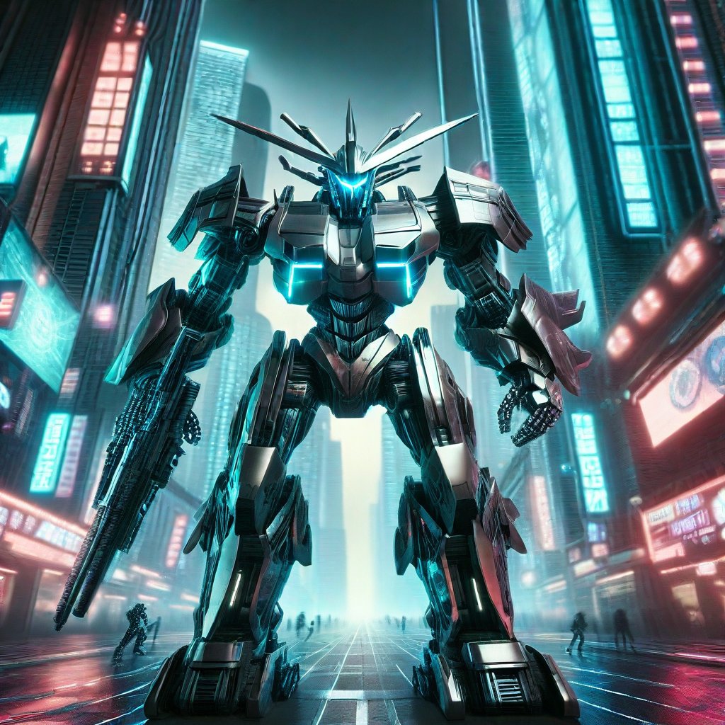 A dynamic scene of a robot warrior in mid-combat, its metallic limbs gleaming under the neon lights of a futuristic city street. The background features towering skyscrapers with holographic advertisements, and the ground is littered with debris from a recent battle. The robot is in a defensive stance, one arm raised to block an incoming attack, the other poised to strike. The lighting is dramatic, casting sharp shadows and highlighting the intricate details of the robot's armor. The composition is centered on the action, with the cityscape providing a high-tech, chaotic backdrop.