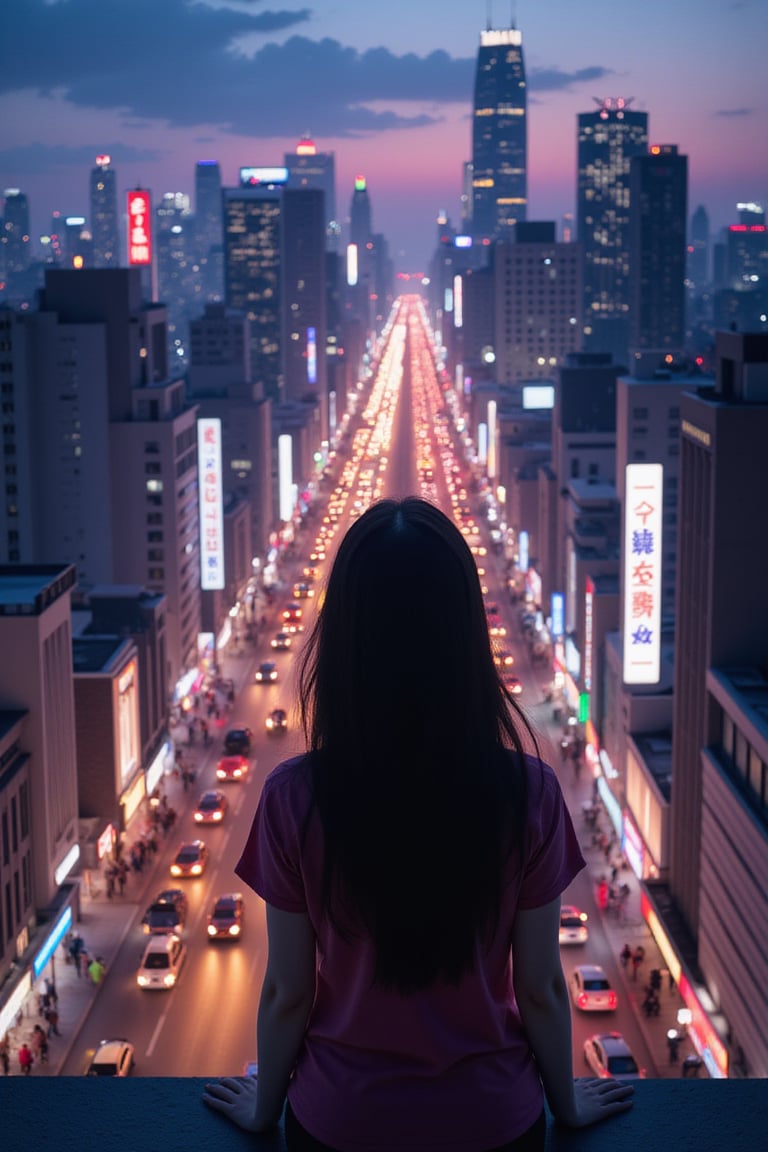 (masterpiece, best quality), (busy city,bustling atmosphere,silhouette of a teenage girl at the top of a building looking down at the street), dusk, neon lights, high-rise buildings, twinkling cityscape, energetic pedestrians, rushing traffic, vibrant colors, urban metropolis, hustle and bustle, modern architecture, skyscrapers, city lights, asphalt roads, flickering street lamps, urban soundscape, blurred motion of cars and people, urban sprawl, city at night, nightlife, teenager's contemplative stance, isolated figure, loneliness in the crowd, ethereal atmosphere, mysterious aura, reflection of city lights on the windows, warm glow of the setting sun, exciting energy, imposing shadows, towering skyscrapers, rebellious spirit, expansive city view, vivid vitality, metropolitan dreamscape, urban exploration, romanticized chaos, captivating skyline, anonymous faces, concrete jungle, raw emotions, inspiring heights, clenched fists, hazy skyline, endless possibilities,Enhanced All,ghibli,cyber