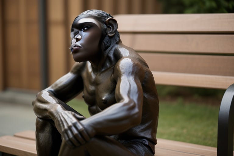  there is a bronze sculpture of a chimpanzee sitting on a bench. The chimpanzee is depicted in a lifelike manner, with intricate details and a realistic appearance. The sculpture is placed on a wooden bench, which adds to the overall presentation of the artwork. The chimpanzee's facial expression and body posture are captivating, making it an attention-grabbing piece of art.