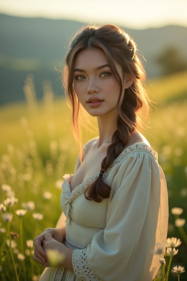 A serene Renaissance shepherdess stands majestically amidst a lush meadow, bathed in warm sunlight and soft, hazy bokeh. Her elegant features are rendered in exquisite detail, with sharp focus on her face as the rest of the scene blurs gently into the distance. A super wide-angle lens captures the rolling hills and wildflowers, while a high angle shot emphasizes her refined demeanor. The color palette is characterized by high contrast, with vibrant greens and blues juxtaposed against soft, golden light. In the medium shot, our subject's gentle gaze is framed by a simple, high-contrast background, evoking an impressionist painting.