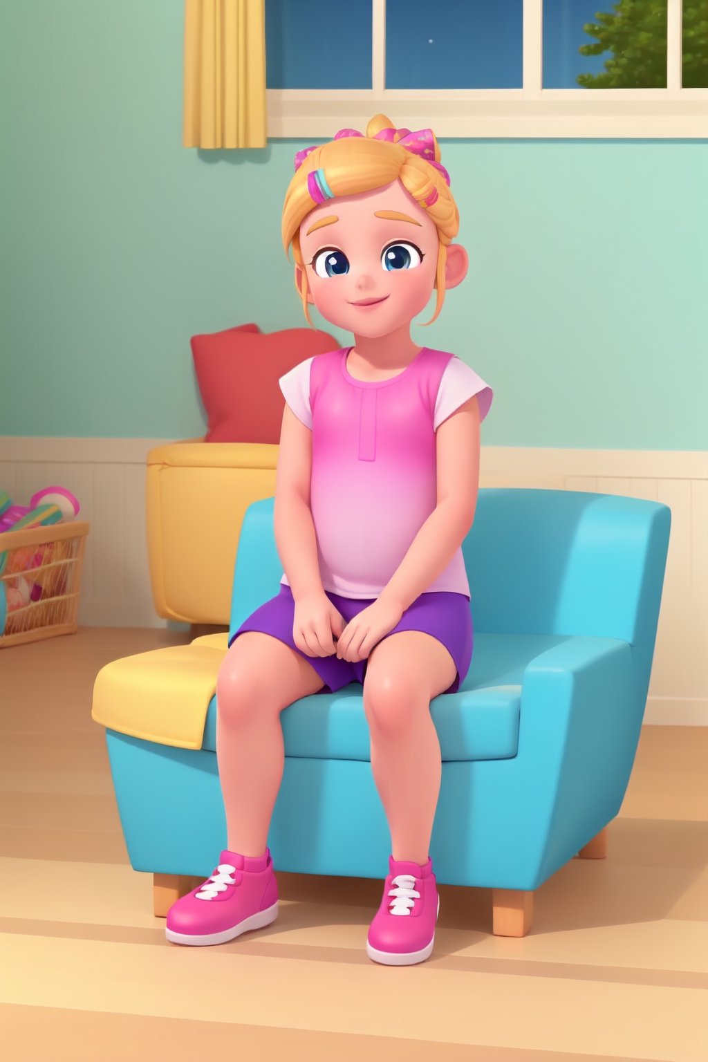 best quality, masterpiece, full hd, happy, netflix cartoon, Bebefinn Style; 
a girl kid, blonde bun  hair, about 7yo, sitting on sofa 
